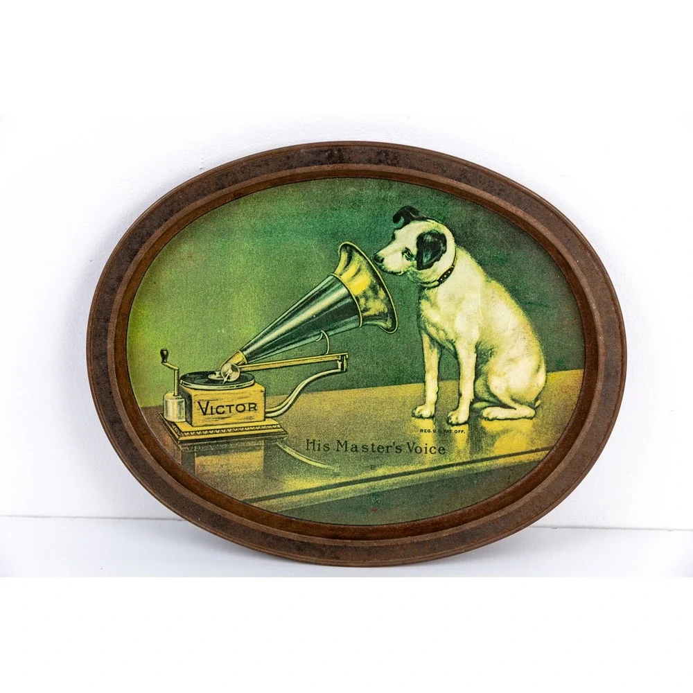 Vintage Victor His Masters Voice Nipper Dog Oval Tin Tray Rustic Music Decor 13